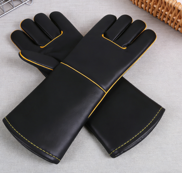 2-Pair Long-Sleeve Fireproof Gloves – Black/Yellow, for BBQ/Oven/Welding, Heat Resistant