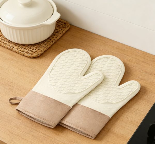 2-Pair Beige Silicone Oven Mitts – Soft Lining, Non-Slip, Heat Resistant to 500°F